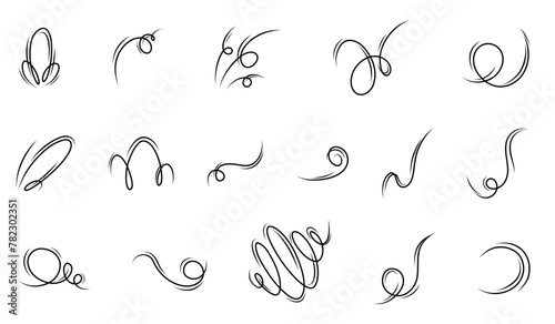 Set of wind blow set in doodle style, vector illustration on white background. A wave of cold air during windy weather. Rush symbol outline for print and design. Vector graphics, air dynamics
