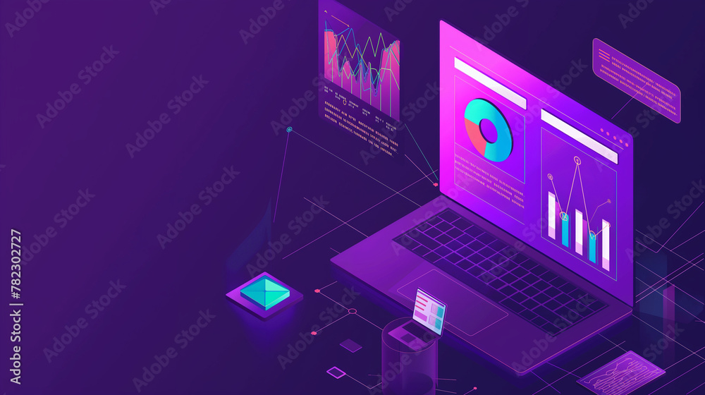 Right aligned a Illustration of an isometric laptop displaying colorful graphs and data analytics in a dark, futuristic setting, depicting advanced business intelligence
