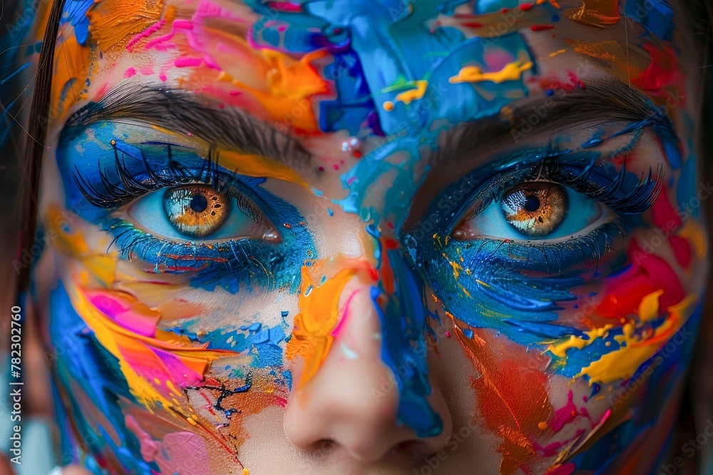 Womans Face Painted With Bright Colors