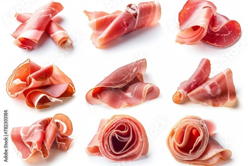 Assorted sliced cured meats with separate clipping paths and shadows