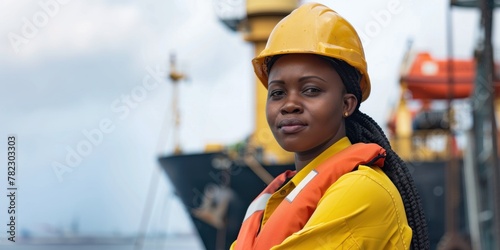 African American female maritime worker with a confident smile, in orange safety gear on shipyard background. photo