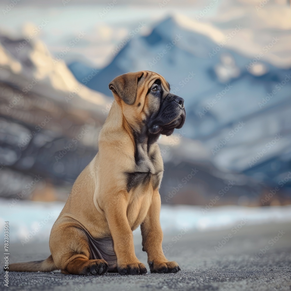 Bullmastiff puppy sitting calmly displaying its naturally noble and gentle demeanor