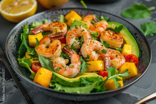 Avocado and shrimp salad with green mix mango cherry tomatoes herbs olive oil lemon dressing Healthy option