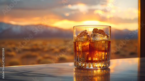 A glass of whiskey with an ice cube sits on a surface with a sunset in the background. The sky is orange and blue © wing