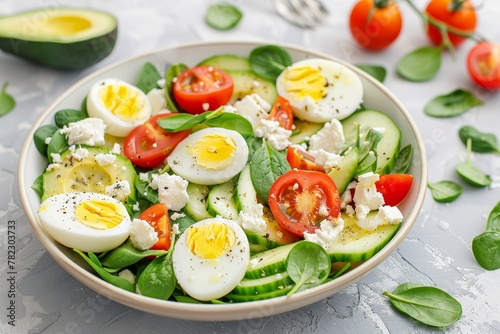 Avocado salad with veggies eggs spinach lemon and ricotta cheese from top