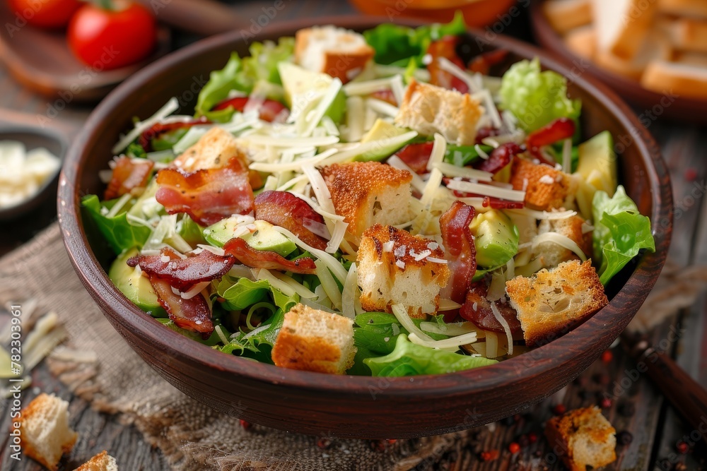 Bacon Avocado Caesar Salad with Cheese and Croutons homemade Close up side view Bacon Avocado Caesar Salad with Cheese and Croutons homemade Close up side view