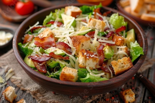 Bacon Avocado Caesar Salad with Cheese and Croutons homemade Close up side view