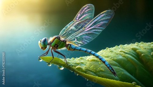 Close-Up: Dragonfly Resting on the Edge of a Green Leaf, Showcasing Intricate Wing Details photo
