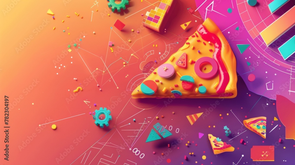 A stylized image of a pizza slice on one side of the title, with various data icons like charts, graphs, and binary code sprinkled on top as toppings