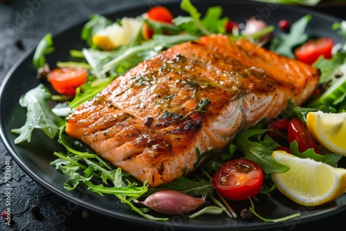 Baked or fried salmon and salad with Mediterranean steamed fish Asian teriyaki Healthy gluten and lectine free