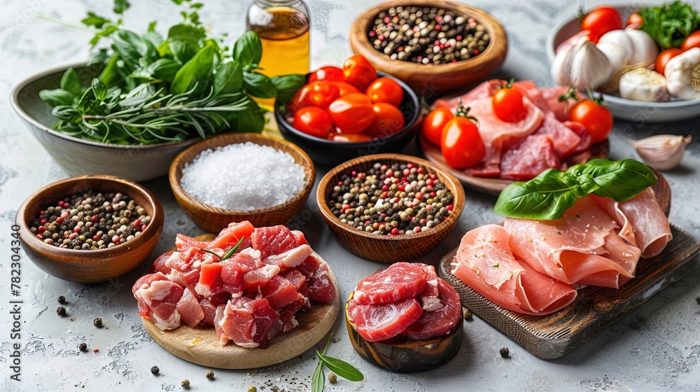 On the white background are the ingredients for the meat sala