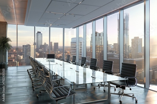 Modern glass wall conference room Overlooking the bustling city