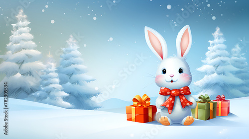 Cute and funny bunny  costume Christmas animal background ice floor with  gift box © Money
