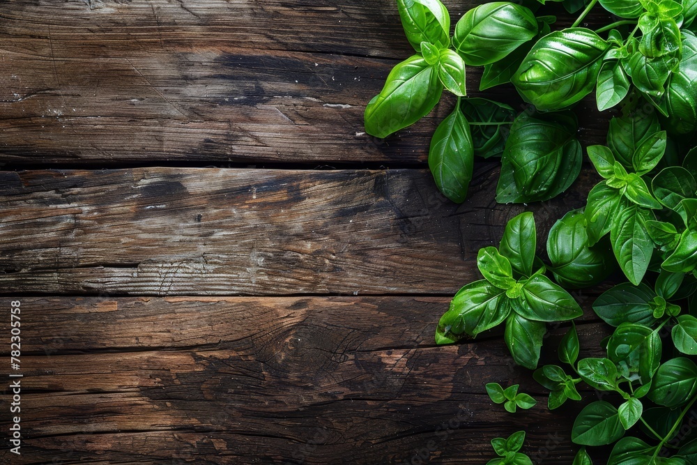 Basil on wooden table for text or logo background Basil on wooden table for text or logo background