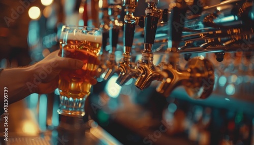 Bartender serving draught beer from tap in bar photo