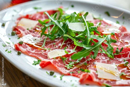 Beef Carpaccio served with parmesan capers and arugula on a white plate