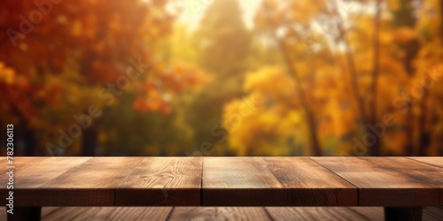 The empty rustic wooden table for product display with blur background of autumn forest. Exuberant image. generative ai