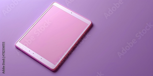 Modern pink tablet computer with blank white screen on purple surface for technology background concept