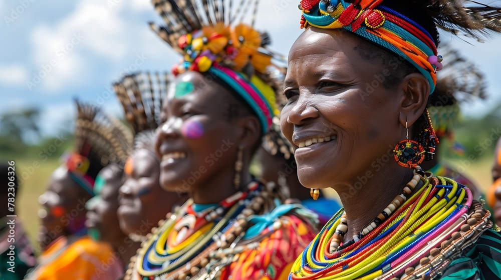 Women of Eswatini. Women of the World. A vibrant group of African women wearing traditional beaded accessories with joyful expressions under a sunny sky #wotw