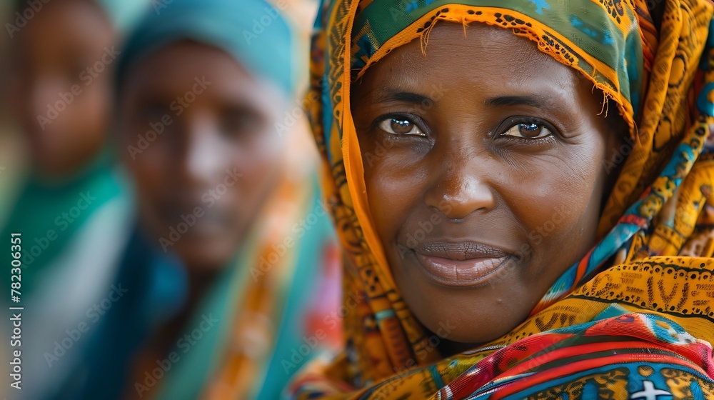 Women of Ethiopia. Women of the World. A smiling woman wearing a colorful headscarf with blurred people in the background represents a vibrant cultural portrait.  #wotw