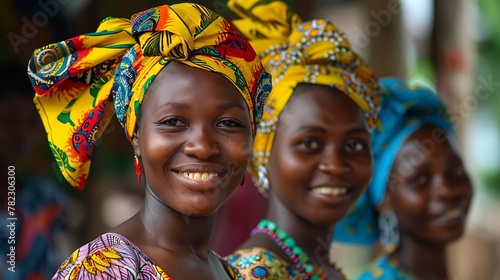 Women of Equitorial Guinea. Women of the World. A group of smiling African women wearing vibrant headscarves with a blurred background.  #wotw photo