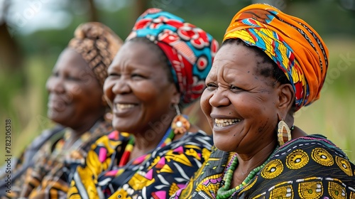 Women of Eswatini. Women of the World. Three joyful African women wearing colorful headwraps smiling outdoors in nature.  #wotw photo