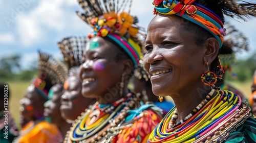 Women of Eswatini. Women of the World. A vibrant group of African women wearing traditional beaded accessories with joyful expressions under a sunny sky #wotw photo