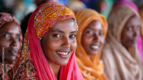 Women of Ethiopia. Women of the World. A smiling woman in a colorful headscarf with other women blurred in the background, symbolizing cultural diversity and joy. #wotw