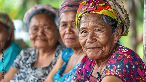 Women of Federated States of Micronesia. Women of the World. Group of elderly women with traditional headscarves smiling and sitting together outdoors. #wotw