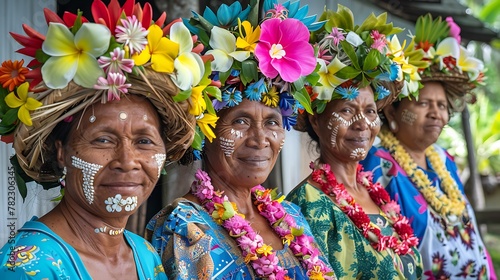 Women of Federated States of Micronesia. Women of the World. Four smiling women wearing colorful flower crowns and traditional attire stand side by side in a tropical setting.  #wotw photo