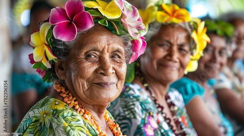Women of Federated States of Micronesia. Women of the World. Elderly Polynesian women wearing vibrant floral headdresses and necklaces smiling during a cultural celebration.  #wotw photo