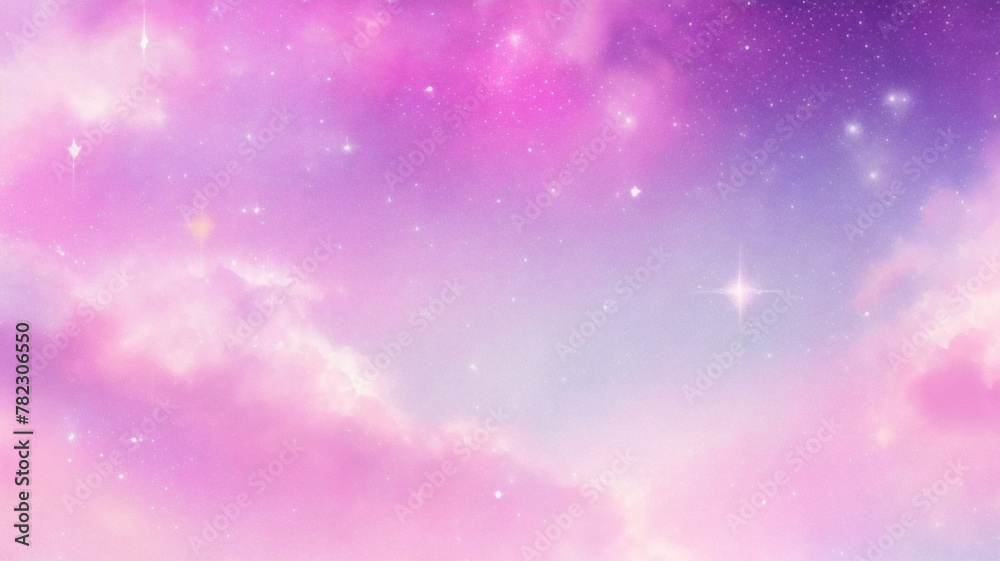 Rainbow unicorn pastel background with glitter stars. Pink fantasy sky. Holographic space with bokeh. Fairy iridescent gradient backdrop. Vector	