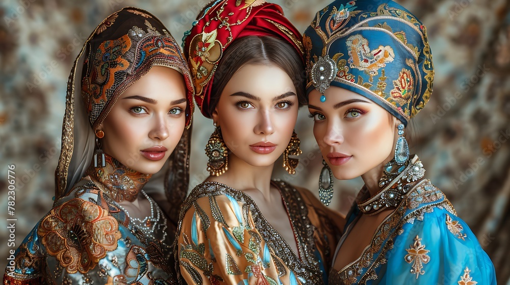 Women of Kazakhstan. Women of the World. Three women in traditional Eastern attire pose elegantly against an ornate backdrop.  #wotw