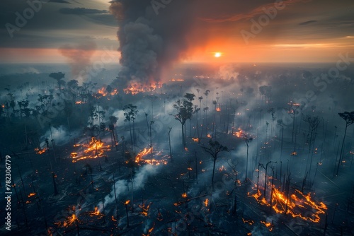 Aerial View of Devastating Deforestation and Forest Fires Engulfing the Landscape with Charred Remains and Billowing Smoke Capturing the
