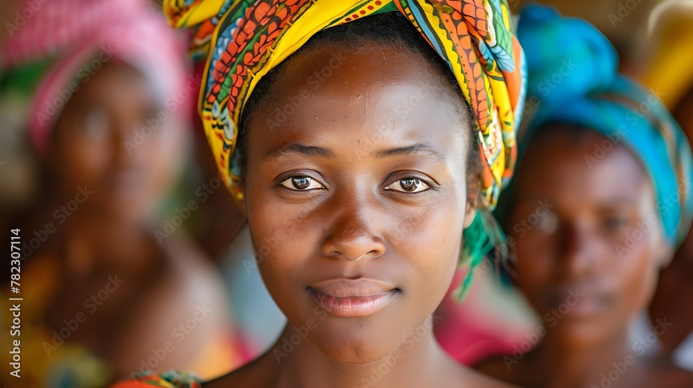 Women of Madagascar. Women of the World. A portrait of a young woman with a colorful headscarf and a serene expression with other women slightly out of focus in the background.  #wotw