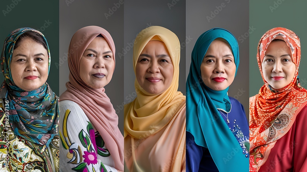 Women of Malaysia. Women of the World. Portrait of five mature women with diverse hijabs against a neutral background symbolizing multiculturalism and elegance  #wotw