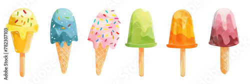 Ice cream collection of various flavors icons. Set of ice cream cones illustration on white background.