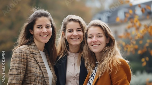 Women of Luxembourg. Women of the World. Three smiling young women standing together outdoors with autumn leaves in the background.  wotw