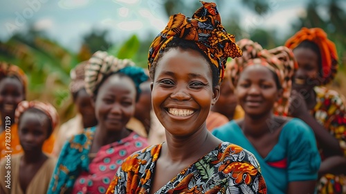 Women of Malawi. Women of the World. A smiling woman in traditional African attire standing in front of a group of women in colorful clothing in a rural setting. #wotw