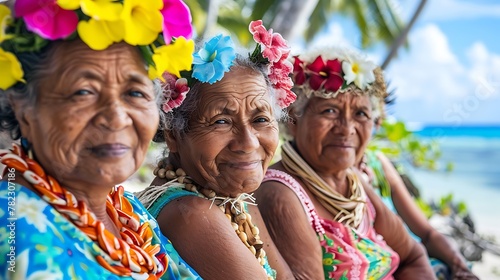 Women of Marshall islands. Women of the World. Three elderly women with floral headwear smiling on a tropical beach. #wotw