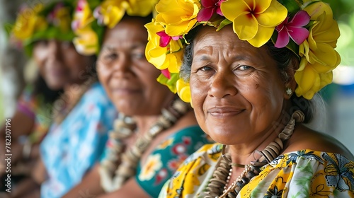 Women of Marshall islands. Women of the World. A smiling Polynesian woman wearing a vibrant floral headdress looks at the camera with other adorned women softly focused in the background.  #wotw photo