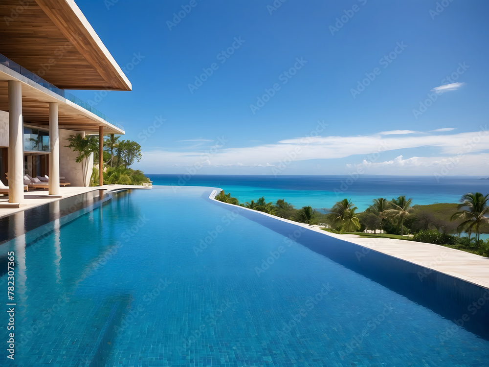 Fototapeta premium Luxurious Infinity Pool Overlooking the Ocean with a Clear Blue Sky at a Modern Resort design.
