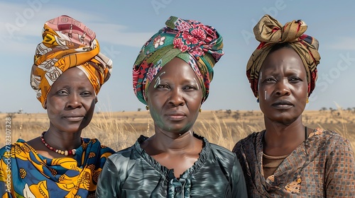 Women of Namibia. Women of the World. Three African women with colorful headscarves standing in a field under a clear blue sky. #wotw