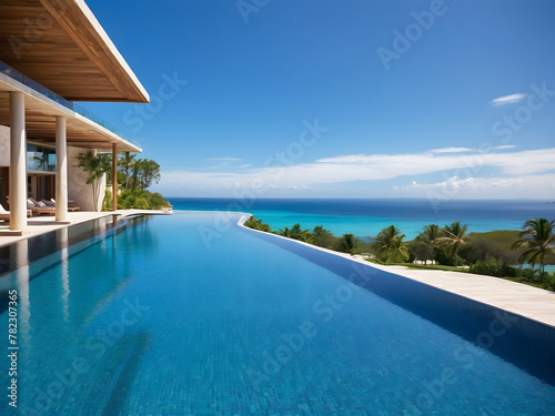 Luxurious Infinity Pool Overlooking the Ocean with a Clear Blue Sky at a Modern Resort design. © Mahmud