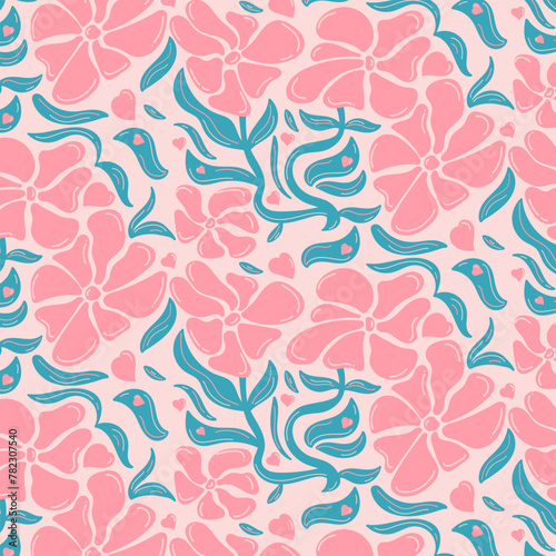 A pattern with pink flowers of various abstract shapes drawn, with leaves, hearts and stems