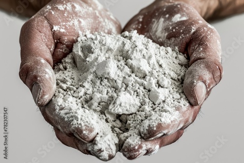 White Gypsum Powder in Hands, Clay or Diatomite Isolated, Hands Hold Powdered Chemicals, AI © ange1011