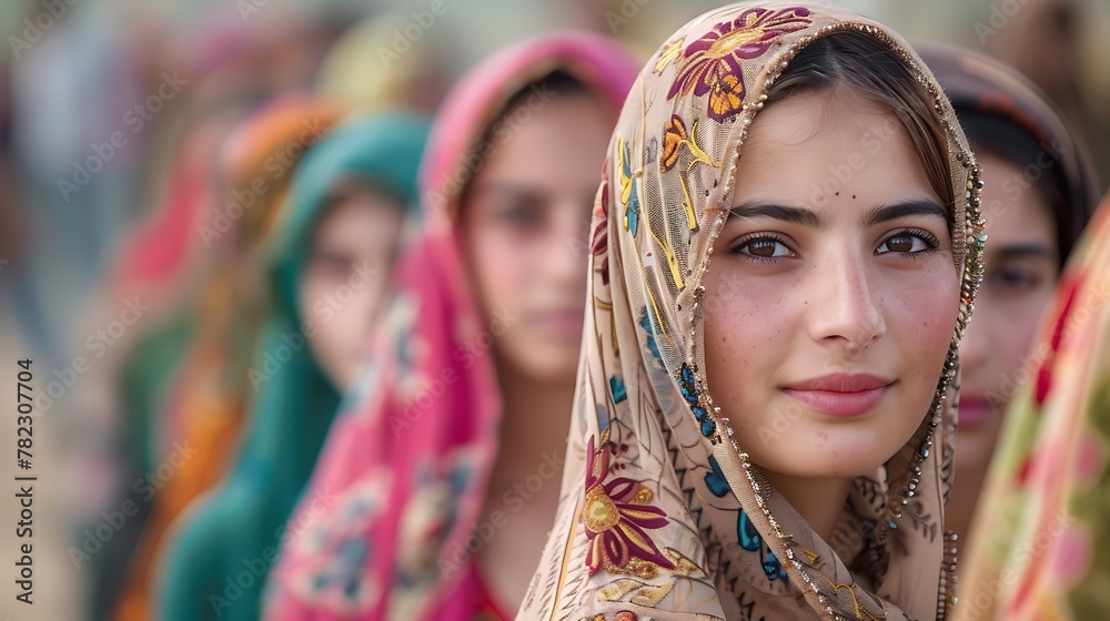 Women of Pakistan. Women of the World. Portrait of a young woman in traditional clothing with a group of people in the background, showcasing cultural beauty.  #wotw