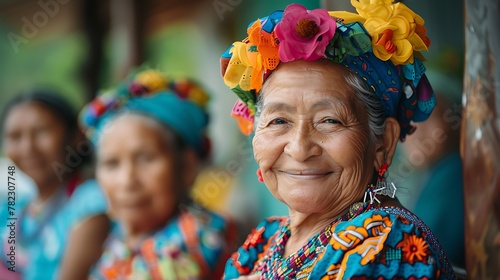 Women of Panama. Women of the World. A portrait of a smiling elderly woman wearing traditional clothing and a colorful floral headpiece.  #wotw photo