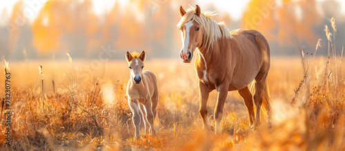 Horse and Foal: Horses are majestic hoofed mammals known for their strength, speed, and versatility. Foals are young horses, often sticking close to their mothers for protection photo
