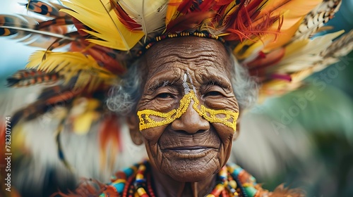 Women of Papua New Guinea. Women of the World. An elder with painted face and a colorful feather headdress gazes into the distance with a wisdom-filled expression  #wotw photo